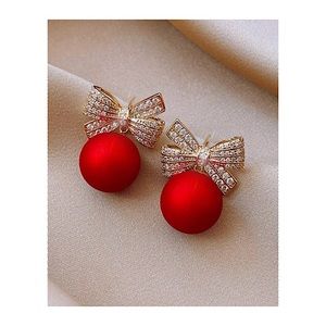 Women Girl Earrings Red Christmas Ornament Crystal Bow Dangle Gold Tone NWOT